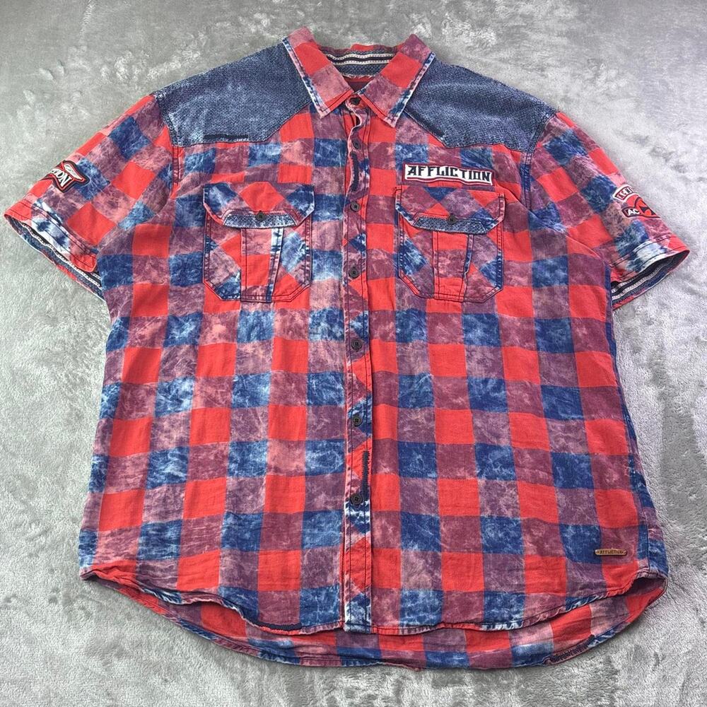 Affliction Y2K American Flag Plaid Button Up Shirt Red White Blue L-XL